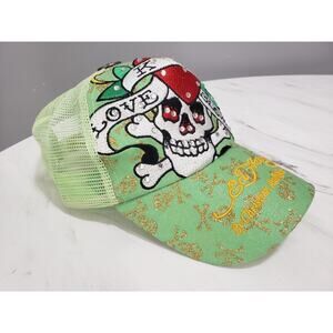 RARE Ed Hardy Snapback Trucker Hat Rhinestones Skull Love Kills Slowly Green y2k